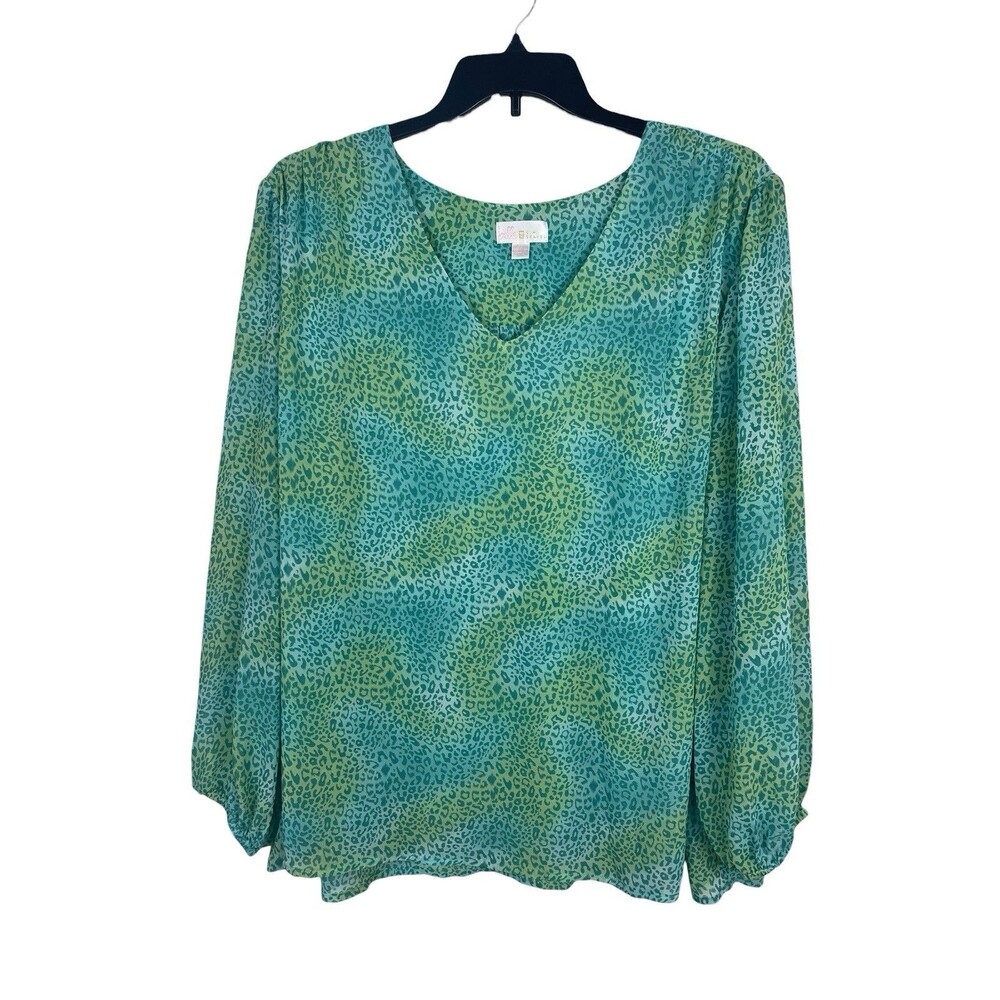 Belle Kim Gravel Womens 3X Tunic Top Green Animal Print Blouse Sheer Lined VNeck
